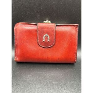 VTG‎ Ladies Leather Bi-fold w/Double Kisslock Closure Gold Horse Stirrup …